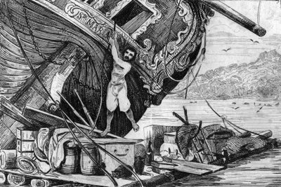 I descended on my raft then I set myself at sea... engraving after the drawing of M. de Sainson for the book of Daniel Defoe "Robinson Crusoe" French edition of 1837 by Louis Auguste de Sainson