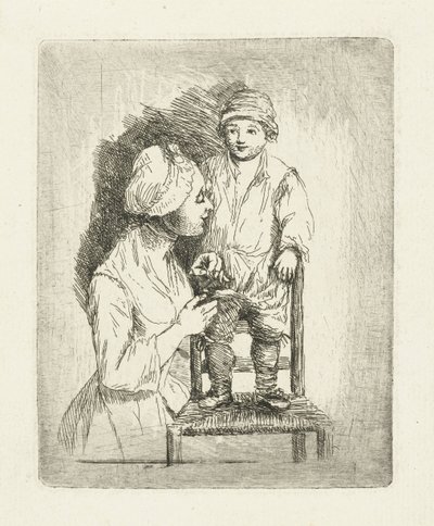 A Mother Sewing a Button on Her Son
