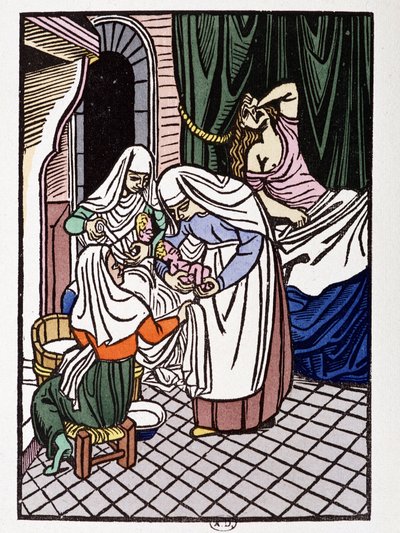 Woman giving birth - in Les amours de Frene et Galeran racontés d