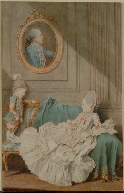 Madame Millin du Perreux and Her Son, with a Painted Portrait, c. 1760 by Louis Carrogis dit Carmontelle