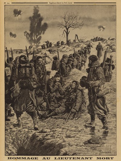 French soldiers paying their respects to a lieutenant killed in action, World War I by Louis Charles (after) Bombled