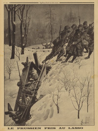 German soldier in a sentry box captured by French Chasseurs Alpins using a lasso, World War I by Louis Charles (after) Bombled