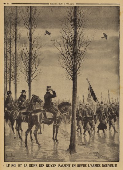 King Albert I and Queen Elisabeth of the Belgians reviewing their new army, World War I by Louis Charles (after) Bombled