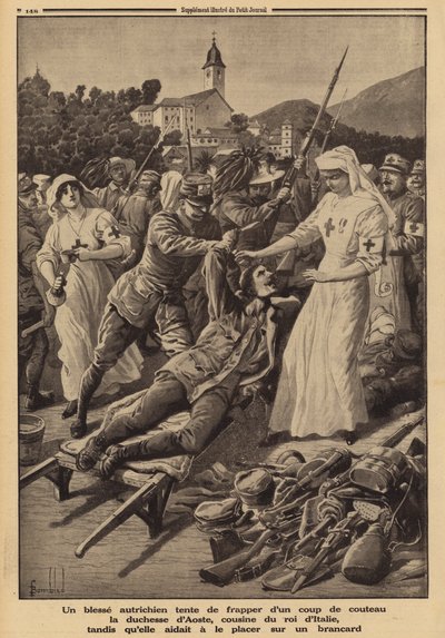 Wounded Austrian soldier attempting to stab the Duchess of Aosta, cousin of King Victor Emmanuel III of Italy, working as a volunteer nurse and trying to help him onto a stretcher, World War I by Louis Charles (after) Bombled