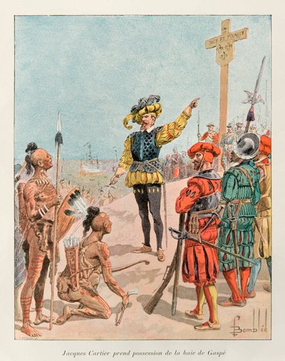 Jacques Cartier (1491 - 1557) took possession of the Bay of Gaspe in Canada on behalf of the King of France, Francois 1st in 1534 (Cartier points the coat of arms of France on the cross he had planted); Histoire de la Nouvelle France by Louis Charles Bombled