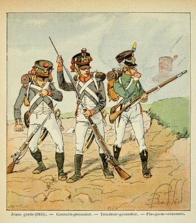 Illustration by Bombled Louis (1862-1927) from the book The Memorial of Saint Helene by Count Emmanuel de Las Cases (1766-1842): The Young Guard of 1806: conscript grenadier; shooter grenadier and flanker hunter by Louis Charles Bombled