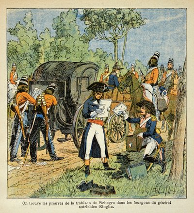 Illustration from the book The Memorial of Saint Helene by Count Emmanuel de Las Cases: During the passage of the Rhine, Moreau discovers the correspondence between Pichegru and the Prince of Conde by Louis Charles Bombled