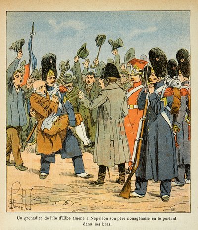 Illustration by Louis Bombled from the book The Memorial of Saint Helene by Count Emmanuel de Las Cases: A grenadier brings his nonagenary father to Napoleon by carrying him in his arms when returning from Elba Island, Private Collection by Louis Charles Bombled