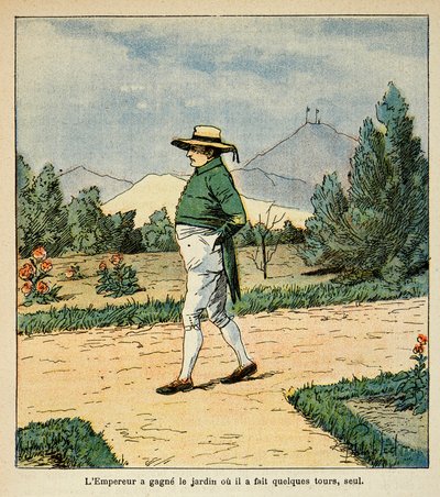 Illustration by Louis Bombled from the book The Memorial of Saint Helene by Count Emmanuel de Las Cases: Emperor Napoleon walks in his garden at St. Helene in September 1816, Private Collection by Louis Charles Bombled