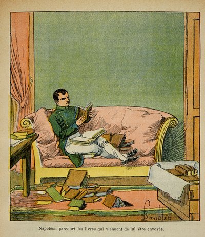 Emperor Napoleon travels through the books that have just been sent to St. Helene by Louis Charles Bombled