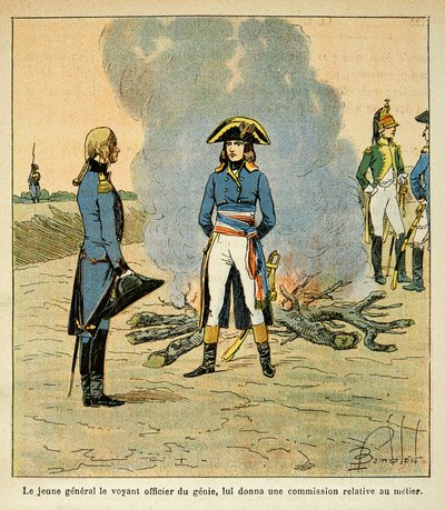 Illustration from the book The Memorial of Saint Helene by Count Emmanuel de Las Cases: First meeting between Bonaparte and Marechal Henri Gatien Bertrand then officer of the genie in the army of Italy by Louis Charles Bombled