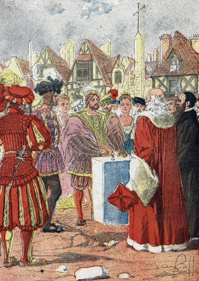 Posing by the King of France Francois I of the First Stone of the Hotel de Ville de Paris Drawn by the Italian Architect Boccador by Louis Charles Bombled