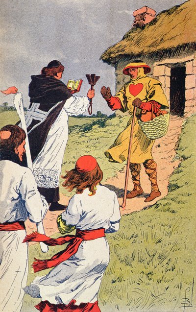 Priest visiting a leper in the Middle Ages, illustration from 