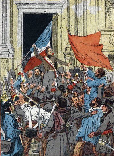 Proclamation of the Second Republic, Revolution of 1848: Alphonse de Lamartine refusing the red flag as the emblem of the Republic and preferring the tricolour flag, during a speech at the City Hall of Paris, February 25 by Louis Charles Bombled