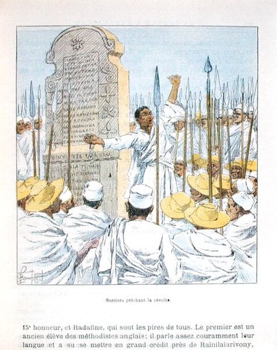 Sorcerers preaching revolt against France after the French occupation of Madagascar in 1895, illustration from 