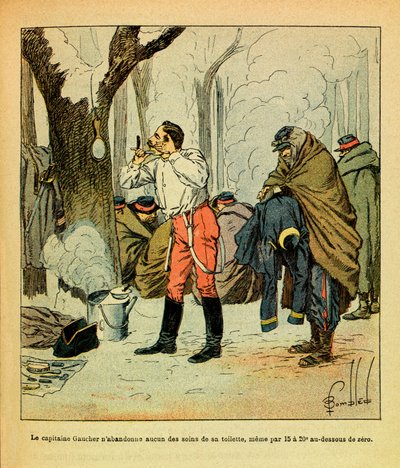 Captain Gaucher does not give up any of the care of his toilet even in the middle of winter (The Eastern Armee) by Louis Charles Bombled