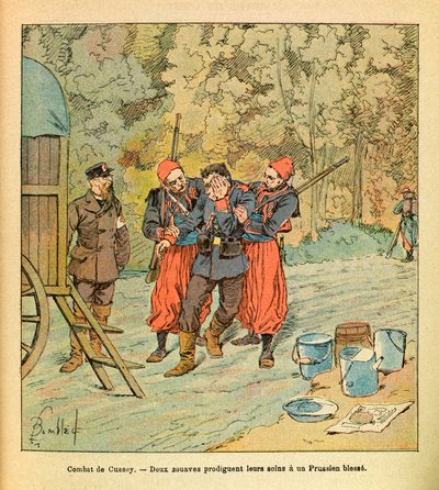 The Eastern Army of Eugene Sergeant, known as Grenest, illustrated by Louis Bombled (Franco-German War; campaign of 1870-1871): Battle of Cussey, October 1870, two Zouaves provide care to a wounded Prussian by Louis Charles Bombled