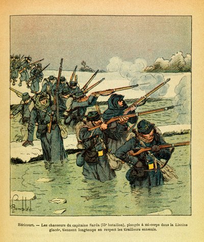 January 1871, Hericourt, the hunters of Captain Sarda dive half-body in the Ice Lisaine, holding the enemy for a long time by Louis Charles Bombled