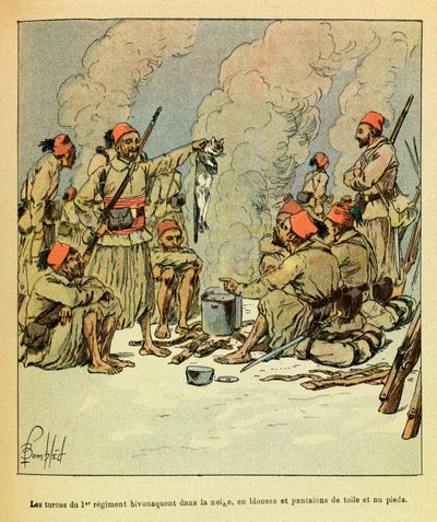 January 1871, the Turcos of the 1st regiment bivouac in the snow, in blouses and trousers of canvas and bare feet by Louis Charles Bombled