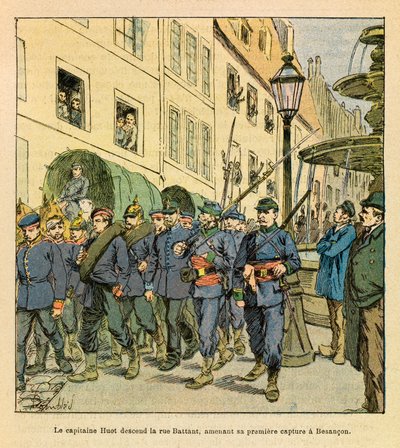 The Eastern Army of Eugene Sergeant, known as Grenest, illustrated by Louis Bombled (Franco-German War; campaign of 1870-1871): Captain Huot descends Rue Battant in Besancon with Prussian prisoners captured in Bethoncourt les Brotte in October by Louis Charles Bombled
