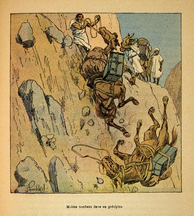 The War in Madagascar-Anecdotal History of the French Expeditions of 1885-1895 by Henri Galli, illustrated by Louis Bombled: Mulets of a military convoy falling into a precipice by Louis Charles Bombled