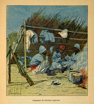 The War in Madagascar-Anecdotal History of the French Expeditions of 1885-1895 by Henri Galli dit Galllichet (1854-1922), illustrated by Louis Bombled (1862-1927): Camp of Algerians in Madagascar in 1895, Private Collection by Louis Charles Bombled
