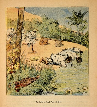 The War in Madagascar-Anecdotal History of the French Expeditions of 1885-1895 by Henri Galli dit Galllichet (1854-1922), illustrated by Louis Bombled (1862-1927): A stop by the river in 1895, Private Collection by Louis Charles Bombled