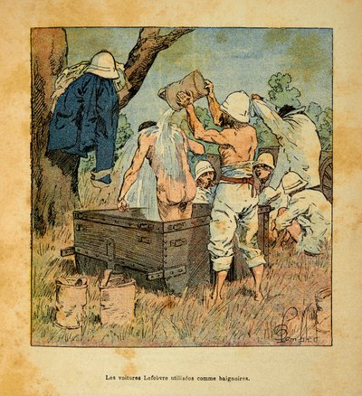 The War in Madagascar - Anecdotal History of the French Expeditions of 1885-1895 by Henri Galli, Illustrated by Louis Bombled: The Lefebvre Cars Used as a Bathtub by Soldiers in 1895 in Madagascar, Private Collection by Louis Charles Bombled