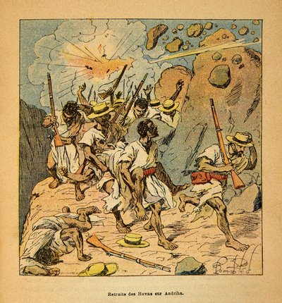 The War in Madagascar - Anecdotal History of the French Expeditions of 1885-1895 by Henri Galli, Illustrated by Louis Bombled: Retreat of the Hovas on Andriba, Private Collection by Louis Charles Bombled