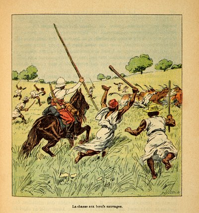 The War in Madagascar - Anecdotal History of the French Expeditions of 1885-1895 by Henri Galli, Illustrated by Louis Bombled: The Hunting of Wild Oxen in Madagascar in 1895, Private Collection by Louis Charles Bombled