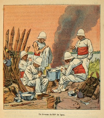 The War in Madagascar - Anecdotal History of the French Expeditions of 1885-1895 by Henri Galli, Illustrated by Louis Bombled: A Bivouac of the 200th Line in Madagascar in 1895, Private Collection by Louis Charles Bombled