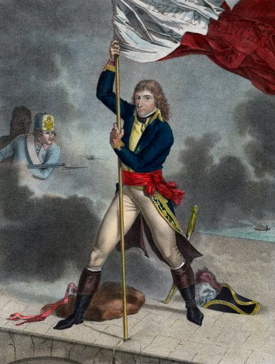 Napoleon Bonaparte during the Battle of the Bridge of Arcole (Arcola), November 1796 - Buonaparte General en Chief of the Army of Italy planting a flag on the bridge of Arcole in 1796 - engraving by Louis Charles Ruotte by Louis Charles Ruotte
