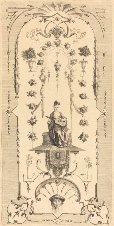 Seated Woman Playing a Guitar by Louis Crépy after Antoine Watteau
