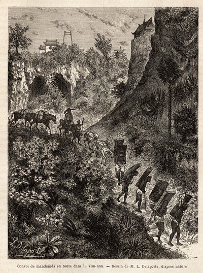 A convoy of merchants and their porters en route to Yunnan (China), engraved after the drawing of L.Delaporte, to illustrate the voyage of exploration in Indochina by Francis Garnier, lieutenant of ship, in 1866-1868, published in “Le tour du monde” 1874,  by Louis Delaporte