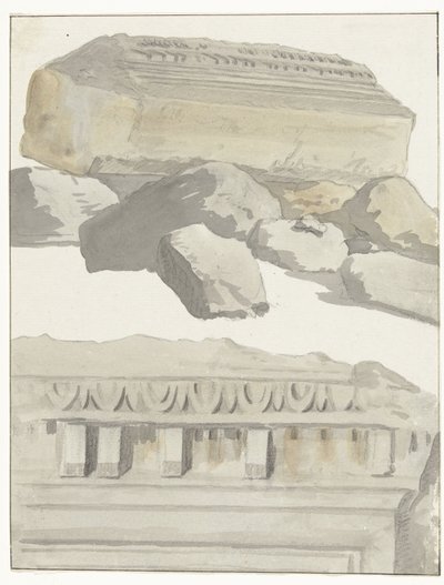 Two Pieces of an Architrave from the Ancient Temple in the Old City of Manduria by Louis Ducros