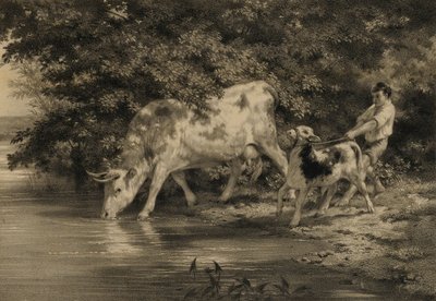 Boy with Cow and Calf by River by Louis Emmanuel Soulange Tessier