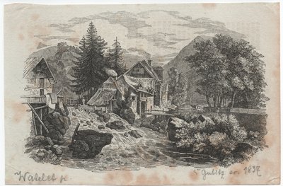 Mountain village at the confluence of two streams by Louis Etienne Watelet