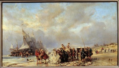 Lords on the beach of Scheveningue buying fish by Louis Eugene Gabriel Isabey