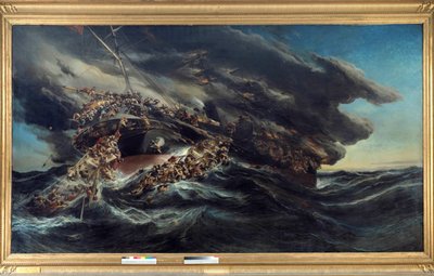 The fire of the steamer the Austria Scene shipwreck of a ship the passengers try to escape on the boats in the demonted sea by Louis Eugene Gabriel Isabey