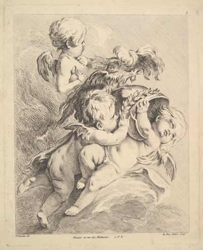 Three Cupids Holding a Helmet by Louis Felix de la Rue