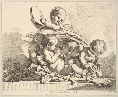 Three Cupids, Two Playing Music, One Holding Palm Leaves by Louis Felix de la Rue