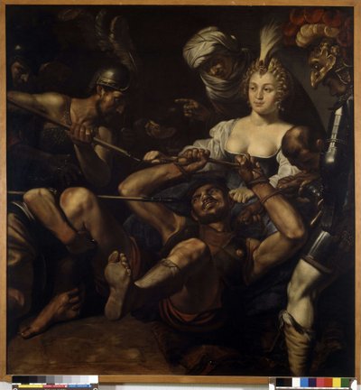 Samson and Delilah: Samson loses strength as Delilah cuts his hair by Louis Finsonius or Finson