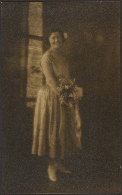 Full Length Portrait of a Woman Holding Bouquet by Louis Fleckenstein