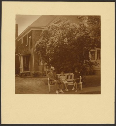 Man and Young Girls on Bench Before House by Louis Fleckenstein