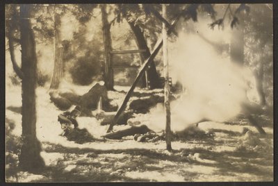 Native American and Teepee Structure in Woods by Louis Fleckenstein
