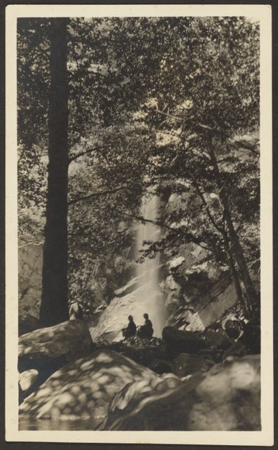 Two Figures by Waterfall in the Woods by Louis Fleckenstein
