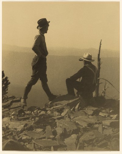 Two Men Looking in the Distance (Possibly Old Baldy Peak) by Louis Fleckenstein