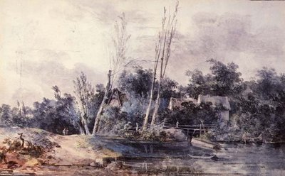 Cottages and willow by a stream with figures by Louis Gabriel Moreau