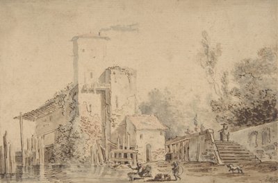 Farm House by a River with Figures, 1765 by Louis Gabriel Moreau