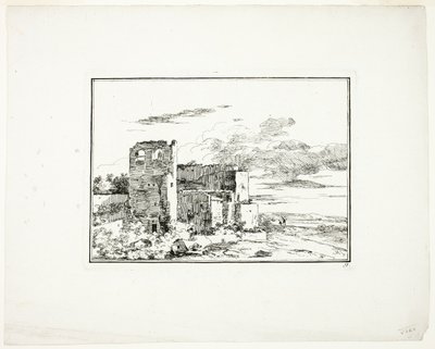Ruined Buildings near a River Bank, plate 9 from Fourth Series of Landscapes Drawn and Etched by Moreau by Louis Gabriel Moreau